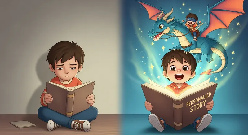 A split illustration showing a bored child with a plain book on the left and an excited child on the right reading a magical personalized book as a colorful dragon and a miniature version of themselves fly out of the pages.