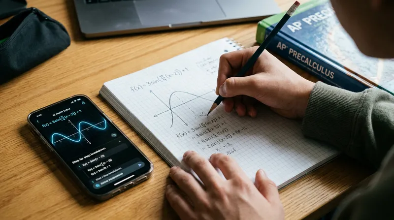 A student's hands solving an AP Precalculus function modeling problem in a notebook next to a smartphone displaying an AI math tutor app.