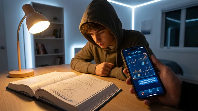 A student uses an AI math tutor app on their smartphone alongside an open AP Precalculus textbook to study function modeling at a modern desk.