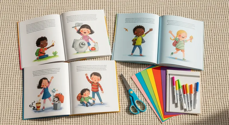 A high-angle flat-lay of children's picture books and craft supplies on a cream rug, featuring themes of resilience and growth mindset activities for kids in a sunlit learning nook.