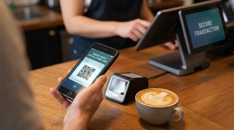 A customer scans a secure digital loyalty app on a smartphone at a modern cafe counter, demonstrating a fraud-preventative transaction next to a flat white coffee.