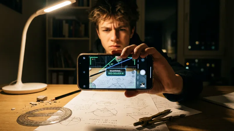 Student scanning geometry homework worksheet with Tutor AI smartphone scanner.