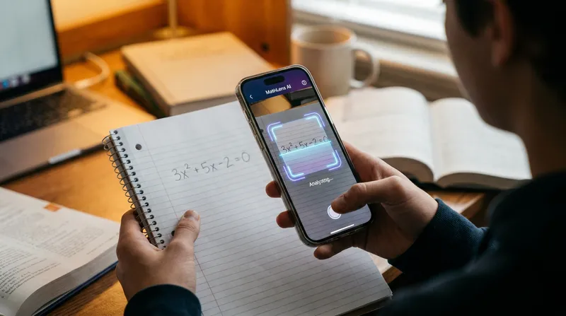 High school student scanning a handwritten algebra equation with an AI math solver app at a desk.