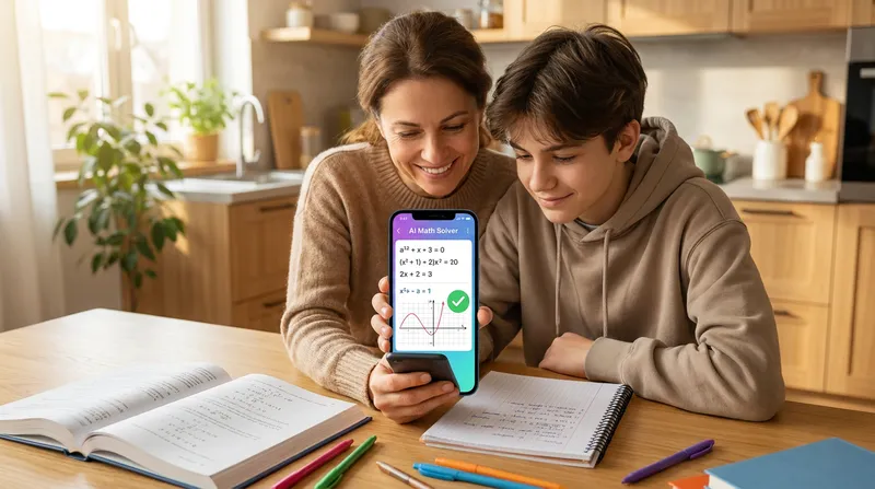 Parent and teen smiling while studying math together with an AI math solver app on a smartphone.