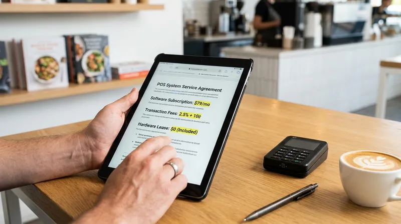 Close-up of a restaurant owner auditing a legacy POS contract to identify hidden fees before switching to a cloud-based system.