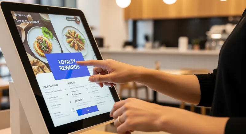 Customer using a self-service kiosk in a modern cafe.