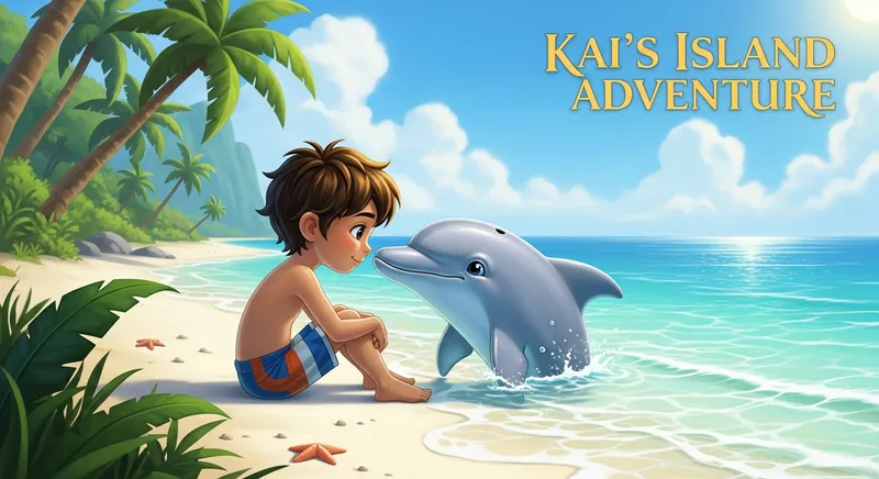Whimsical, AI-generated storybook illustration of a young boy named Kai and a playful dolphin sharing a joyful moment on a sparkling tropical beach with turquoise water and lush palm trees.