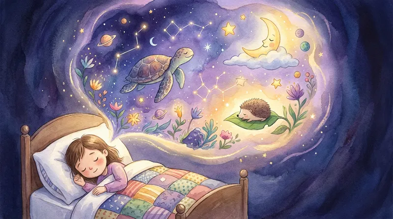A whimsical children's bedtime story illustration of a sleeping child dreaming of a cosmic sea turtle and a tiny hedgehog under a starry night sky.