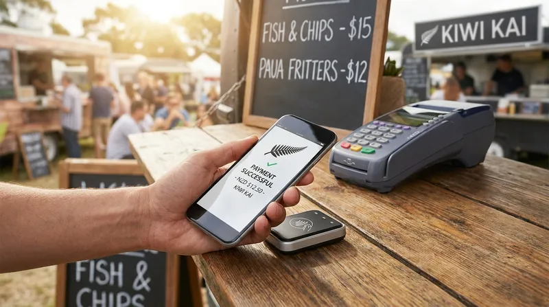 Customer making a contactless mobile payment at a New Zealand food truck with a traditional EFTPOS terminal.