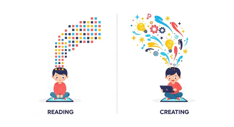 A minimalist vector infographic comparing passive digital reading and active creation: the left side shows a child passively receiving a stream of data from a tablet, while the right side depicts an energized child actively generating creative ideas - represented by lightbulbs, gears, and artistic strokes - back into a tablet.