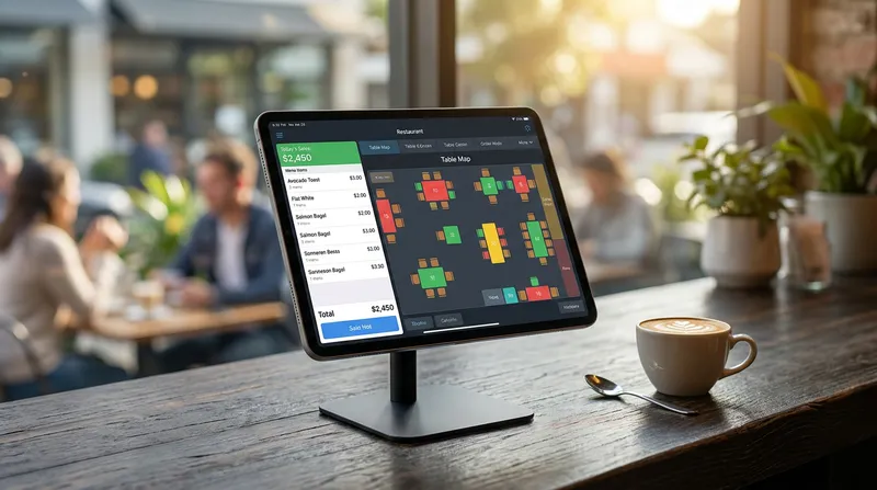 An iPad displaying restaurant POS software on a wooden counter next to a flat white coffee in a modern New Zealand cafe.