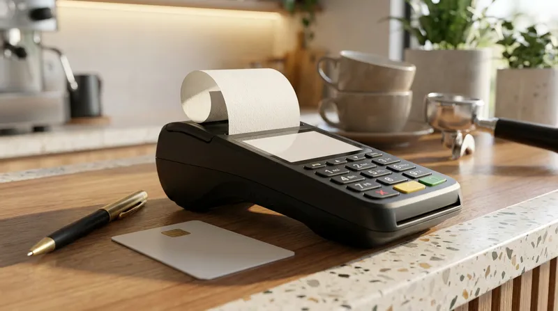 Portable EFTPOS terminal printing a receipt beside a payment card and pen on a modern cafe counter.