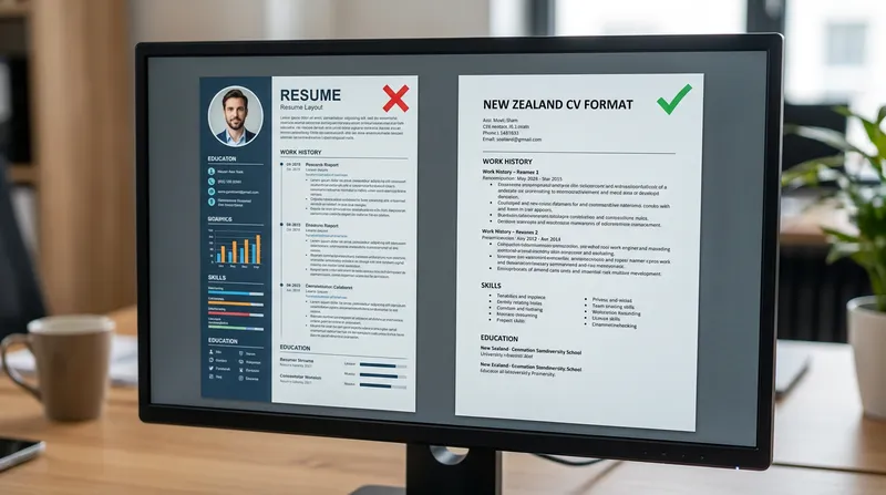 A computer monitor comparing a cluttered, over-designed resume (red X) with a clean, ATS-optimized New Zealand CV format (green checkmark).