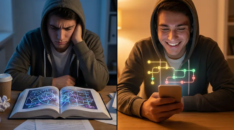 Split screen of a student frustrated by a textbook and smiling while using an AI learning app for step-by-step help.