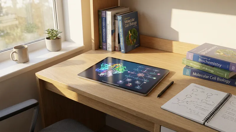 Tablet showing a 3D molecular model and metabolic pathway map from an AI biochemistry solver, with textbooks nearby.