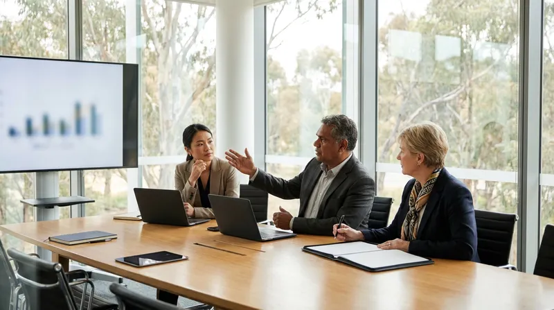 Diverse Australian government selection panel reviewing candidate applications around a modern boardroom table in Canberra.