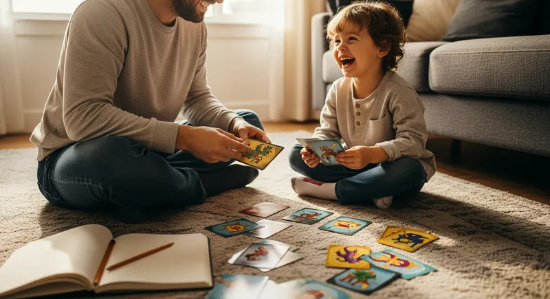 A parent and child playing a creative writing game for kids to cure writer's block.