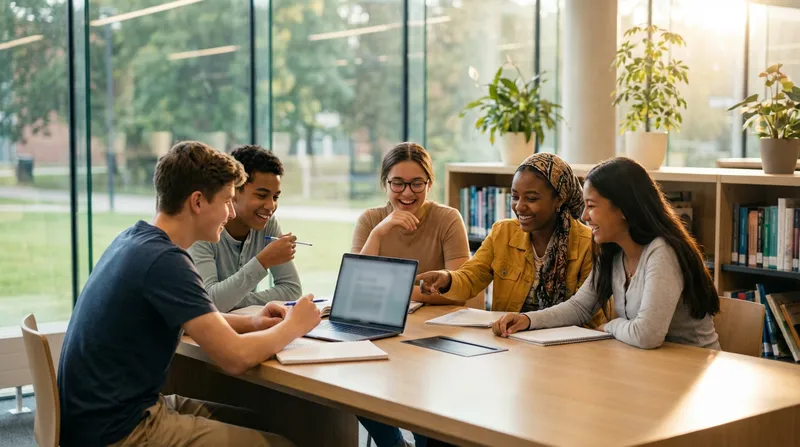 A diverse group of high school students collaboratively studying around a laptop in a bright modern library, engaged in focused preparation.
