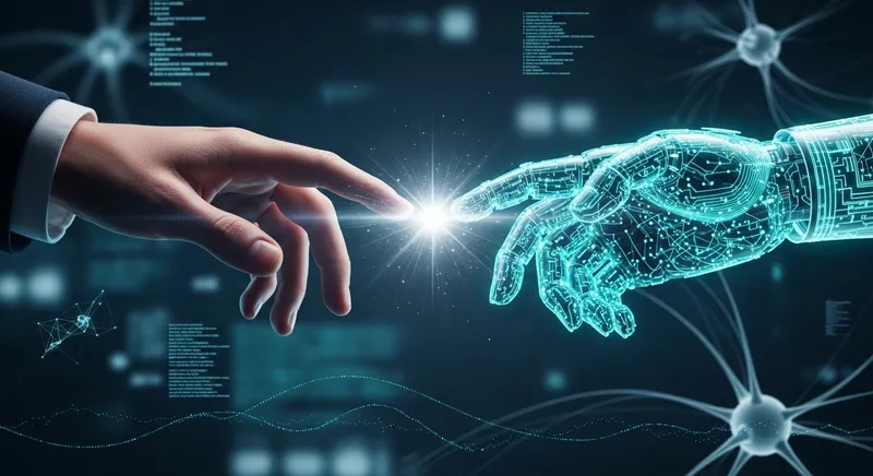 A cinematic close-up of a human hand and a glowing teal digital AI hand about to shake, with a bright energy spark at the point of contact, symbolizing human-AI collaboration in a futuristic tech environment.