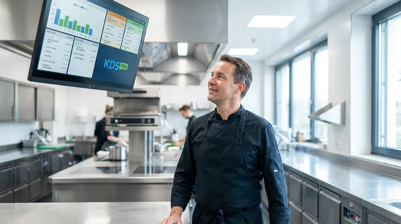A chef reviewing a KDS screen in a modern kitchen.
