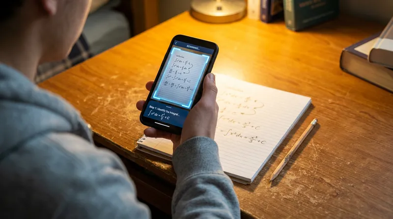 A student using a mobile math-solving app on a smartphone to scan a handwritten calculus equation on a notebook, displaying a step-by-step solution on the screen.