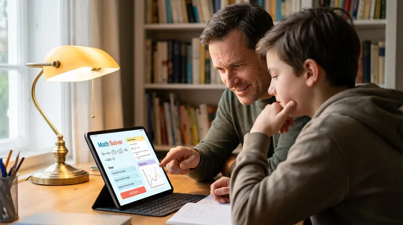 A parent and middle school student using an AI math solver app on a tablet to work through algebra homework together in a home study.