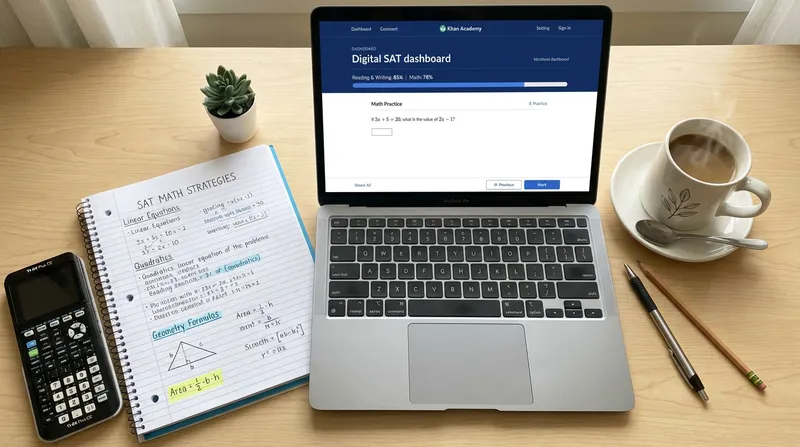 SAT study setup with laptop showing Khan Academy, notebook, and calculator.