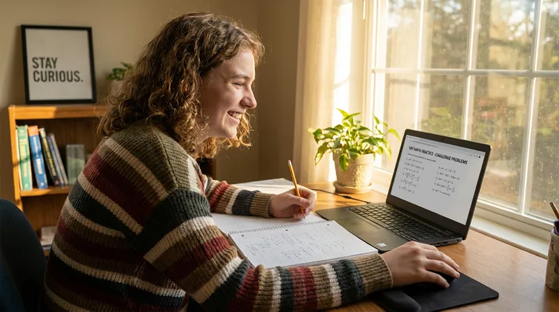 Student studying SAT Math problems on laptop at organized desk.