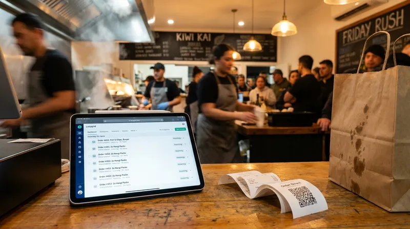 A restaurant owner using an iPad for online ordering in a cafe