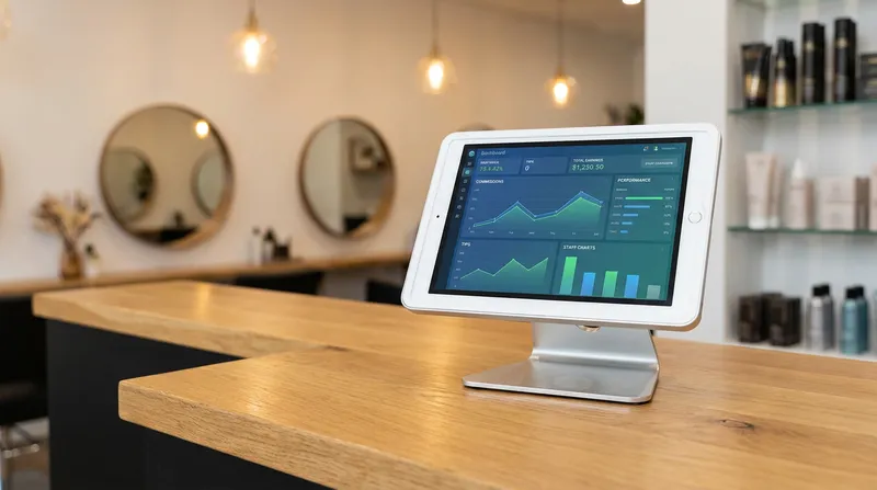 Modern tablet POS terminal on a salon reception desk displaying an automated staff commission and tip-tracking dashboard.