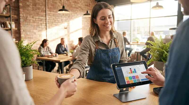 Smiling barista in a modern New Zealand cafe handing a flat white coffee to a customer while operating an iPad POS system on a sleek counter stand.