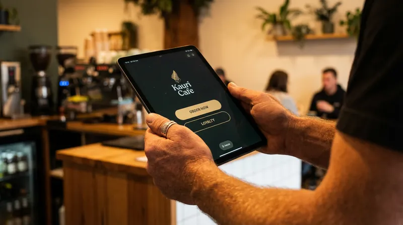 Cafe owner using a tablet with an online ordering system.