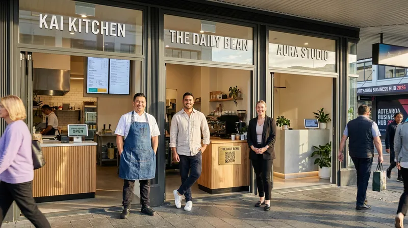 Three New Zealand business owners standing outside their modern shops.