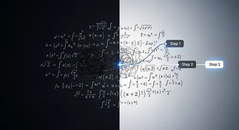 A split-screen conceptual illustration showing chaotic, handwritten calculus equations in dark shadows on the left, transforming into a clean, illuminated straight path with three organized digital nodes labeled Step 1, 2, and 3 on the right, representing the clarity provided by an AI calculus solver.