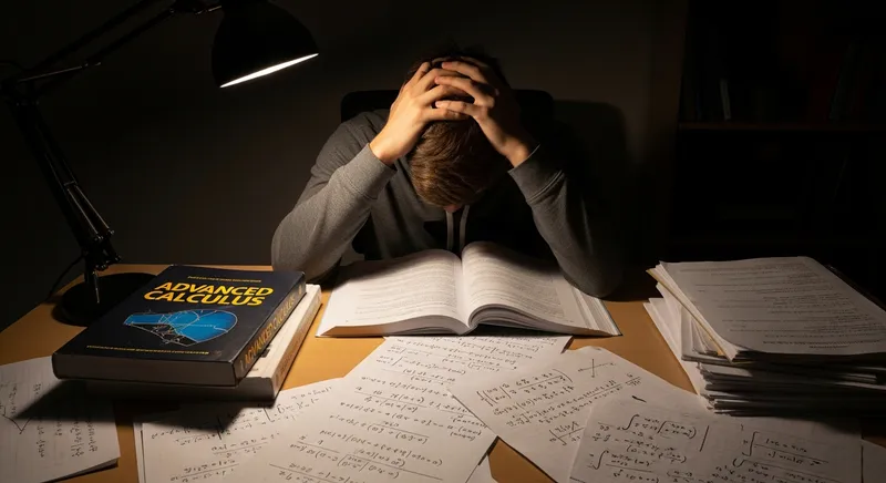 A frustrated college student sitting at a cluttered desk late at night, overwhelmed by advanced calculus textbooks and handwritten notes under a single desk lamp.