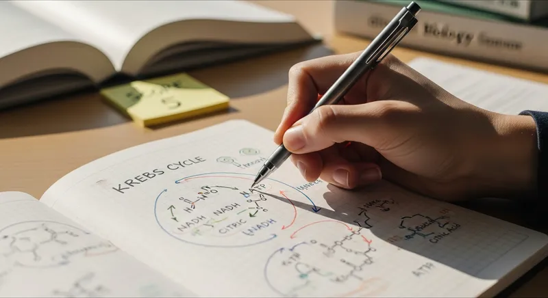 Close-up of a student hand drawing a color-coded Krebs cycle diagram for AP Biology exam preparation.