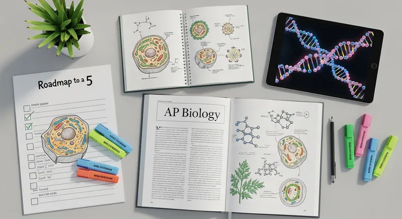 AP Biology study guide 2026 - organized study desk with textbooks and DNA model for exam prep.