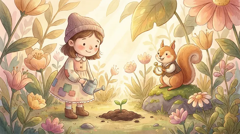 A whimsical children's book illustration of a young girl with a watering can eagerly watching a tiny green sprout in a sunny garden, while a friendly squirrel holding a golden pocket watch sits nearby, symbolizing patience and the passage of time.