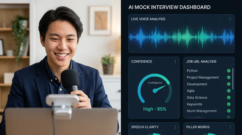 Split-screen showing a candidate practicing a virtual interview next to an AI mock-interview dashboard analyzing speech and job URL keywords.