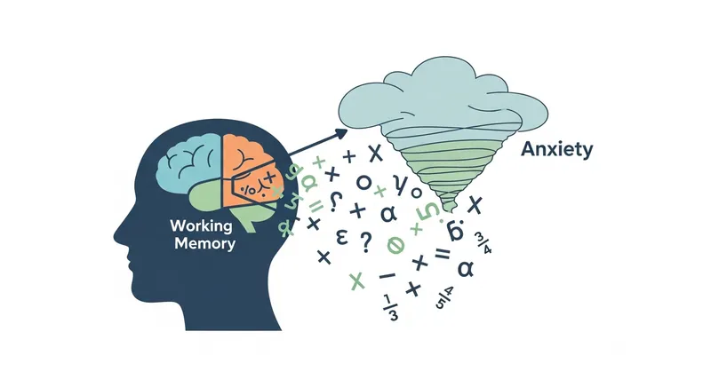 A minimalist educational infographic depicts a human head silhouette with a brain icon inside. A swirling cloud labeled "Anxiety" constricts the brain, causing scattered mathematical symbols (e.g., +, -, ×) to spill from the "Working Memory" section, symbolizing cognitive disruption from math test anxiety.