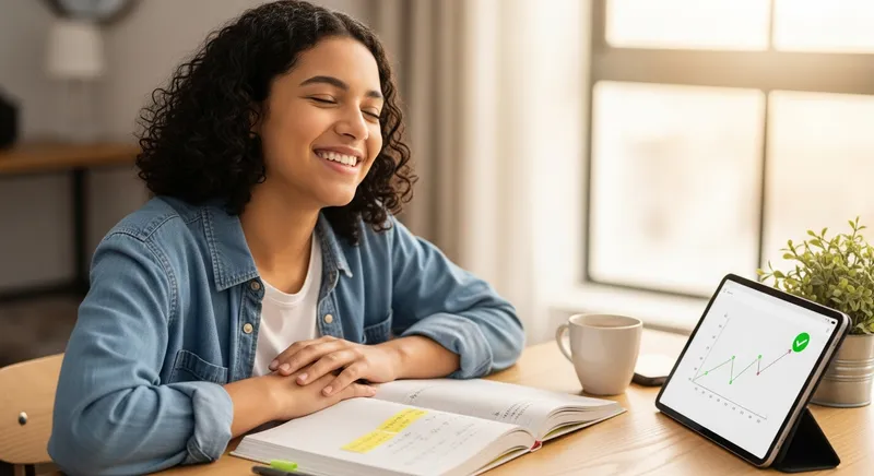 A high school student beams with a relaxed, confident smile and profound relief, sitting at a sunlit wooden desk with an open math notebook and a tablet showing a green checkmark. A warm drink is nearby, conveying quiet triumph after overcoming a math challenge.