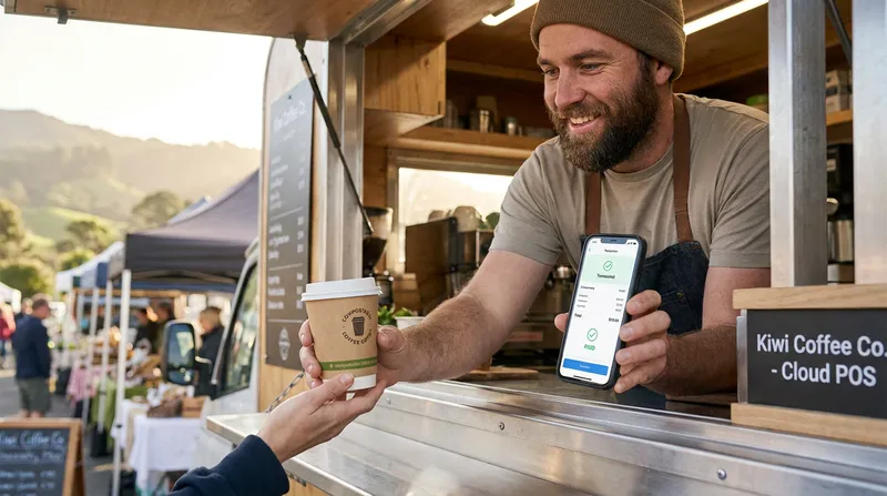 A food truck operator in a New Zealand market hands a coffee to a customer while holding an iPhone displaying a cloud-based mobile POS system, demonstrating a fast transaction.