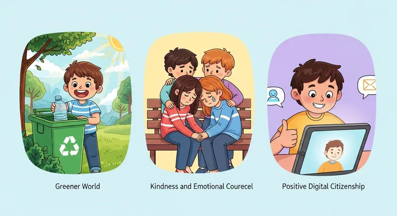 Whimsical illustration of kids recycling, comforting a friend, and using a tablet.
