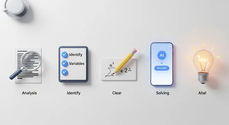 A professional five-step visual guide for solving math word problems featuring 3D icons for text analysis, identifying variables, writing equations, using an AI math solver, and achieving a final solution.