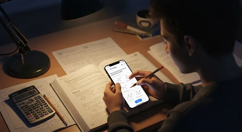 A high school student experiencing a "eureka" moment at a desk late at night, using an AI math solver app on a smartphone to see a step-by-step breakdown of a complex word problem in a textbook.
