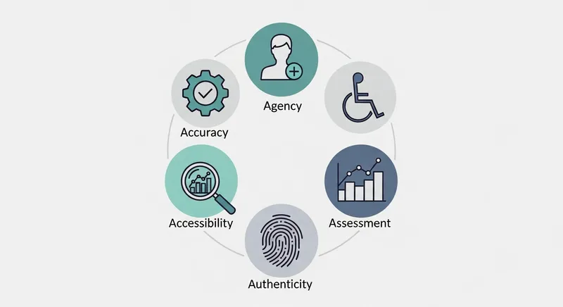 Minimalist vector illustration of five icons representing the pillars of AI ethics - Accuracy, Agency, Accessibility, Assessment, and Authenticity - arranged in a circular formation for an educational guide.
