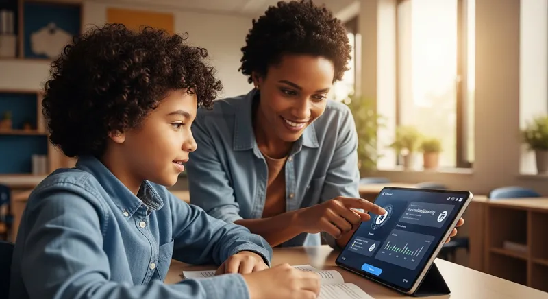 A teacher and middle-school student collaborate in a sunlit, modern classroom, using a tablet with an ethical AI interface that features learning metrics and transparency icons.
