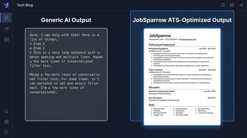 A side-by-side comparison graphic showing a messy, unformatted Generic AI Output from ChatGPT on the left versus a clean, professionally structured JobSparrow ATS-optimized resume output on the right.