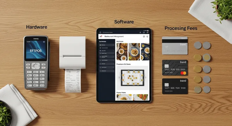 A professional flat-lay photograph on a textured oak table illustrating the three pillars of restaurant POS costs: hardware (modern EFTPOS terminal and printer), software (tablet with restaurant management interface), and processing fees (credit cards and coins).