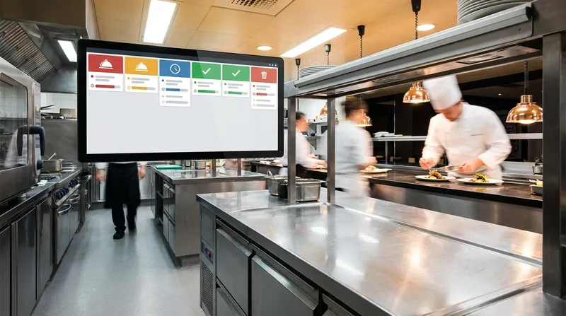 An organized commercial kitchen featuring a digital Kitchen Display System (KDS) screen with color-coded order tickets, with a chef calmly plating a dish in the background, representing an efficient cloud-based POS system.